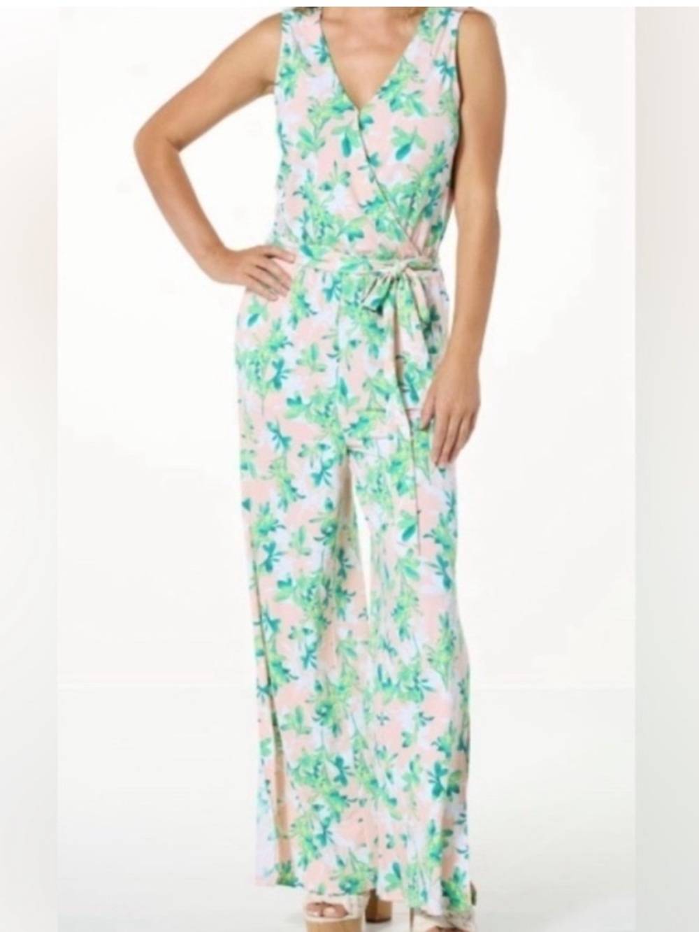 Sleeveless Floral Wrap Jumpsuit in Pink & Green. LARGE TALL. Christian Siriano